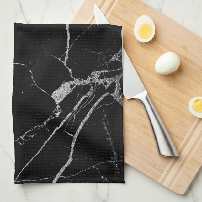 Black and Silver Vein Marble Tea Towel (Quarter Fold)
