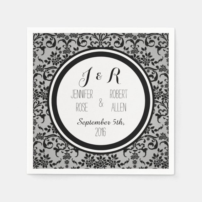Black and Silvery Grey Damask Wedding Napkin (Front)