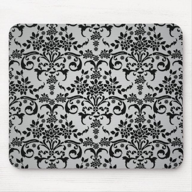 Black and Silvery White Floral Damask Pattern Mouse Pad (Front)