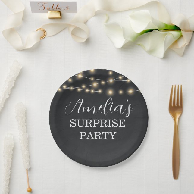 Black and String Light Surprise Birthday Paper Plate (Wedding)
