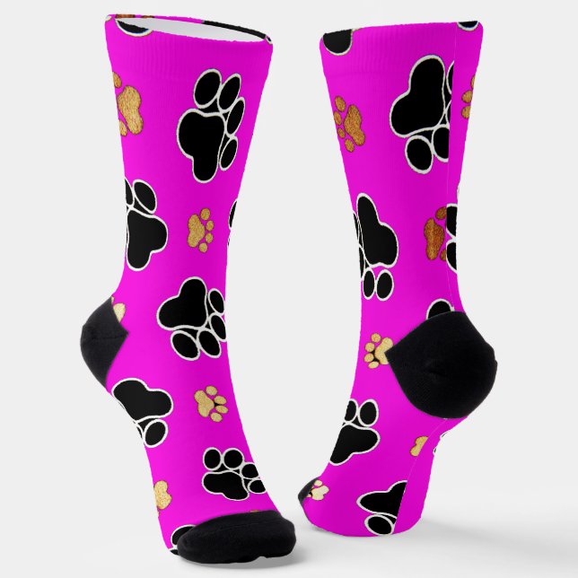 Black and tan canine dog paw print pink  socks (Angled)