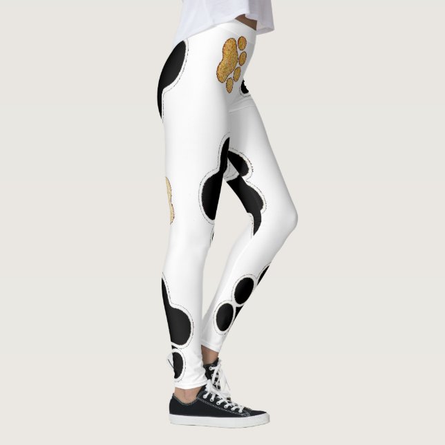 Black and tan canine dog paw print white leggings (Right)