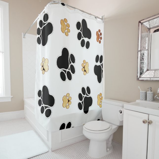 Black and tan canine dog paw print white shower curtain (In Situ)