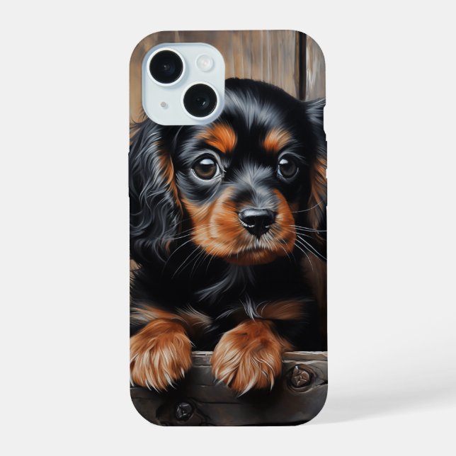 Black and tan Cavalier puppy iPhone 15 Case (Back)