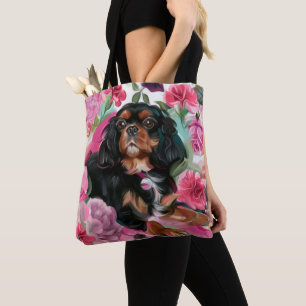 Black and tan Cavalier tote bag   pink floral
