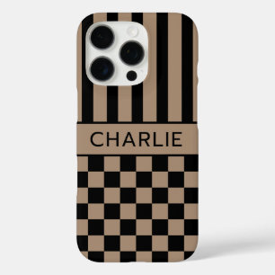 Black and Tan Chequered Striped Personalised iPhone 16 Pro Case