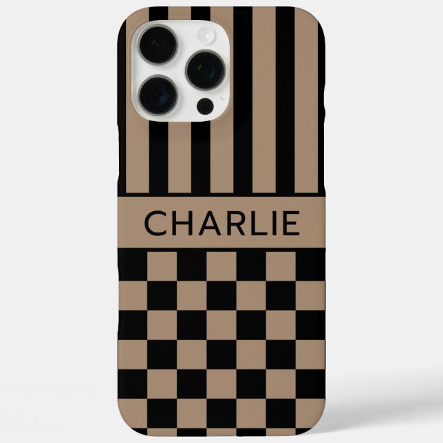 Black and Tan Chequered Striped Personalised Case-Mate iPhone Case (Back)