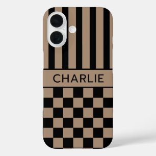 Black and Tan Chequered Striped Personalised iPhone 16 Case