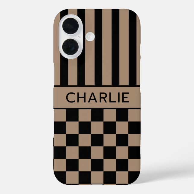 Black and Tan Chequered Striped Personalised Case-Mate iPhone Case (Back)