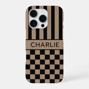 Black and Tan Chequered Striped Personalised iPhone 16 Pro Case