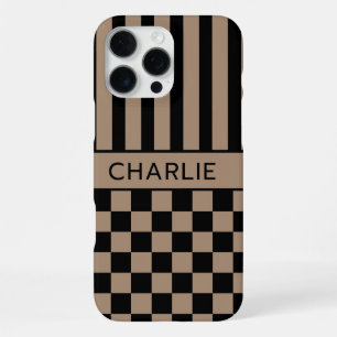 Black and Tan Chequered Striped Personalised iPhone 16 Pro Max Case