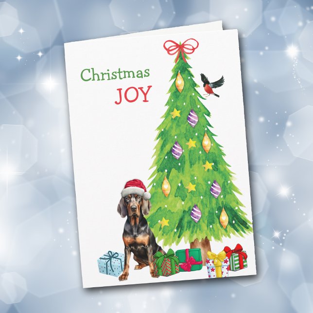 Black and Tan Coonhound and Christmas Tree Holiday Card (Creator Uploaded)