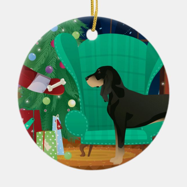 Black and Tan Coonhound Christmas Santa's Gift Ceramic Tree Decoration (Front)