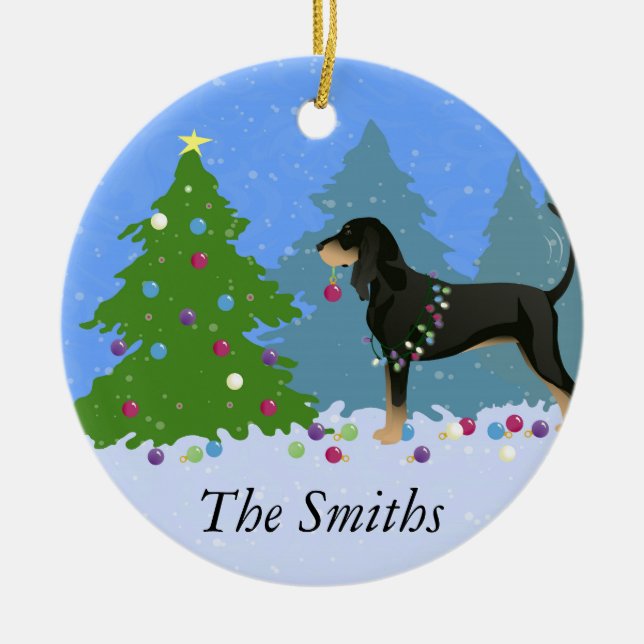 Black and Tan Coonhound Decorating Christmas Tree Ceramic Tree Decoration (Front)