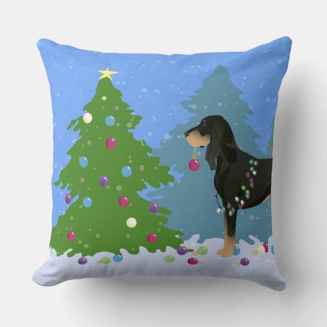 Black and Tan Coonhound Decorating Christmas Tree Cushion (Front)