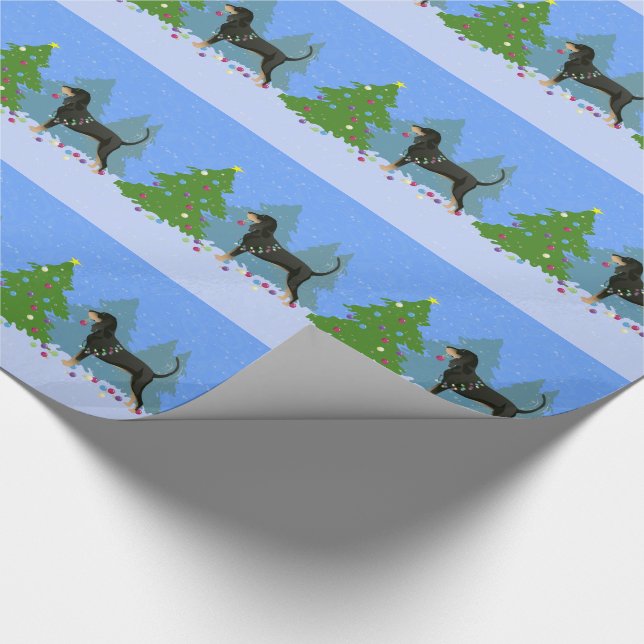 Black and Tan Coonhound Decorating Christmas Tree Wrapping Paper (Corner)