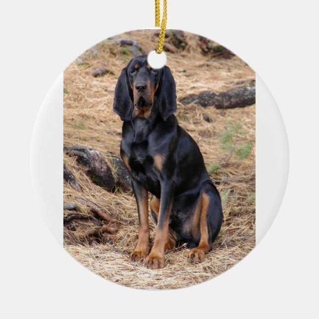 Black and Tan Coonhound Dog Ceramic Tree Decoration (Front)