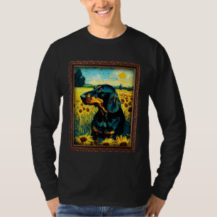 Black and Tan Coonhound Painting Sunflower Flower  T-Shirt