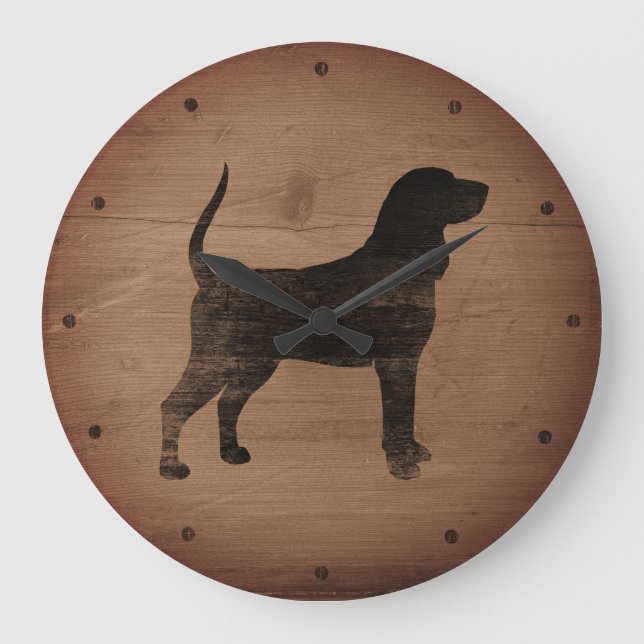Black and Tan Coonhound Silhouette Rustic Style Large Clock (Front)