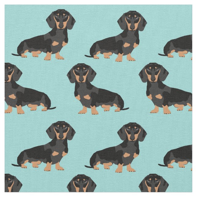 Black and Tan Dachshund dog light blue Fabric (Close Up)