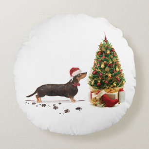 Black and Tan Dachshund Funny Christmas Dog Round Cushion