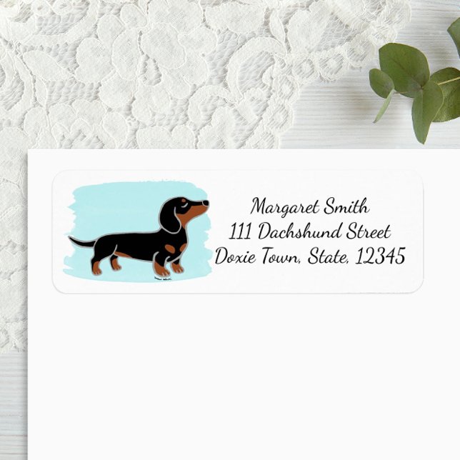 Black and Tan Dachshund Posing Watercolor (Black and Tan Dachshund Posing Cartoon Design Return Address Label for Dachshund Owners.)