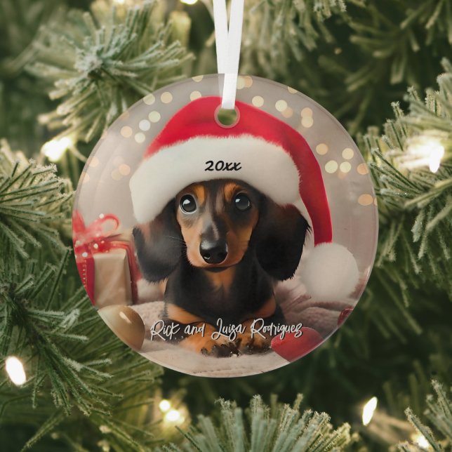 Black and Tan Dachshund Puppy with Santa Hat Glass Tree Decoration (Insitu)