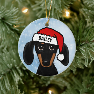 Black and Tan Dachshund Santa Dog Custom Name Ceramic Tree Decoration