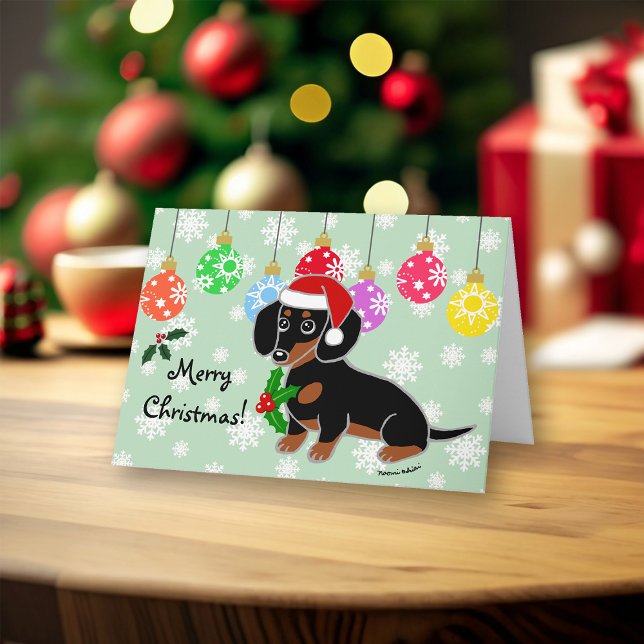 Black and Tan Dachshund Santa Holiday Card (Black and Tan Dachshund Santa Design Christmas Cards for Dachshund Owners.  Cute Cartoon Style.)