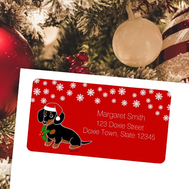 Black and Tan Dachshund Santa Labels (Black and Tan Dachshund Santa Design Christmas Return Address Labels for Dachshund Owners.  In red.)