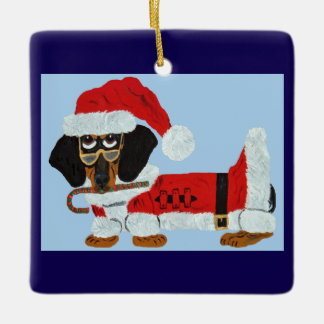 Black and Tan Dachshund Santa with a Candy Cane Ceramic Ornament