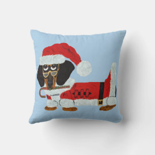 Black and Tan Dachshund Santa with a Candy Cane Cushion
