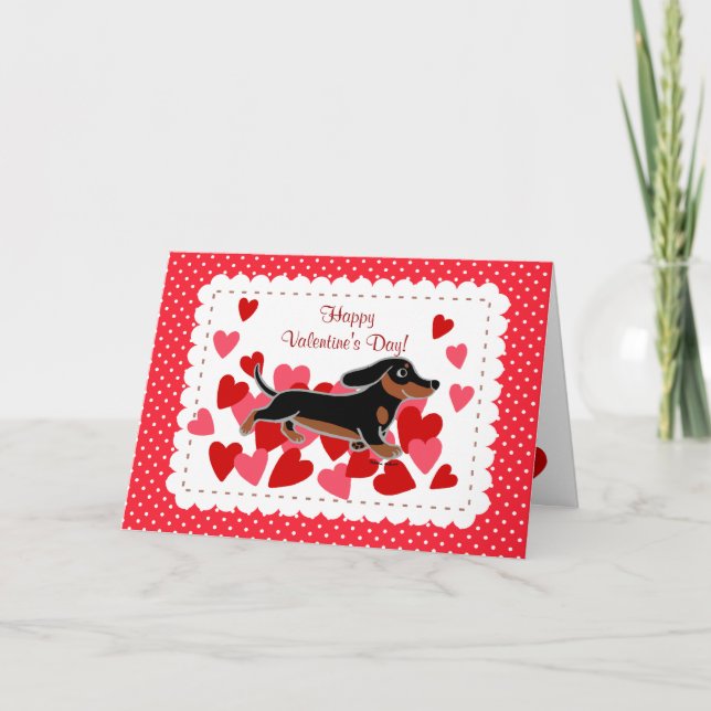 Black and Tan Dachshund Valentine Cartoon Holiday Card (Front)