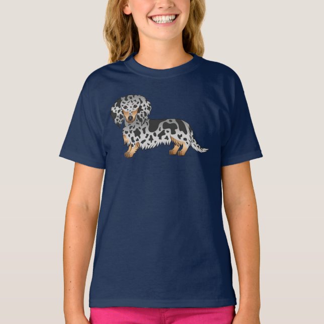 Black And Tan Dapple Cute Long Hair Dachshund Dog T-Shirt (Front)