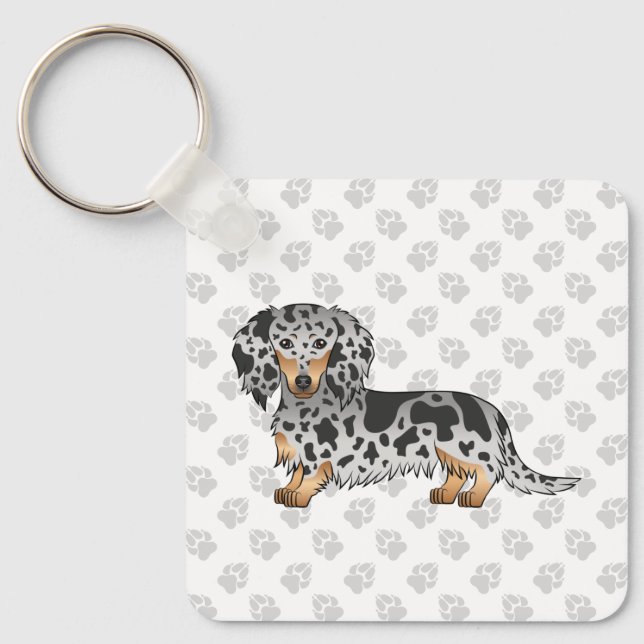 Black And Tan Dapple Long Hair Dachshund Dog Key Ring (Front)