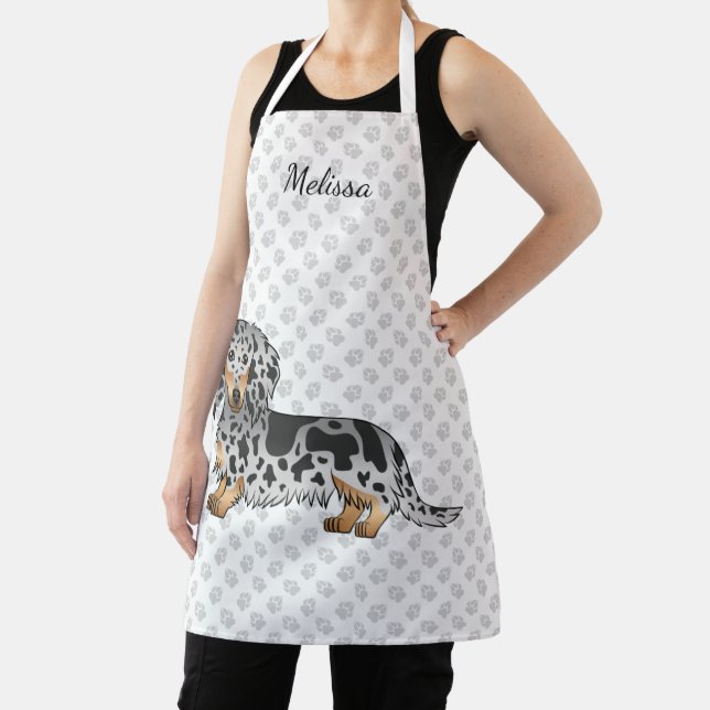 Black And Tan Dapple Long Hair Dachshund & Name Apron (Insitu)