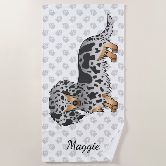 Black And Tan Dapple Long Hair Dachshund & Name Beach Towel (Front)