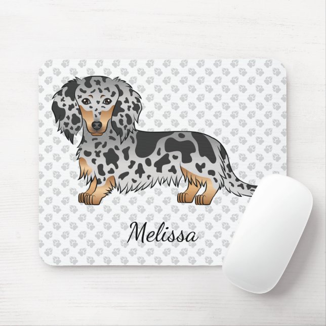 Black And Tan Dapple Long Hair Dachshund & Name Mouse Pad (With Mouse)