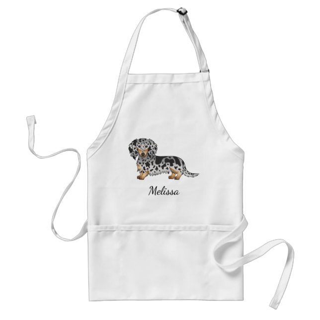 Black And Tan Dapple Long Hair Dachshund & Name Standard Apron (Front)