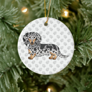 Black And Tan Dapple Long Hair Dachshund & Text Ceramic Tree Decoration