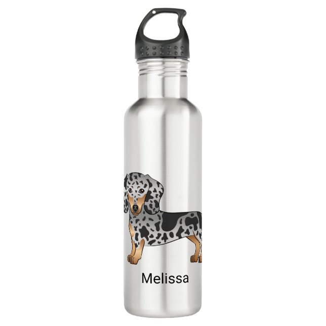 Black And Tan Dapple Short Hair Dachshund & Name 710 Ml Water Bottle (Front)
