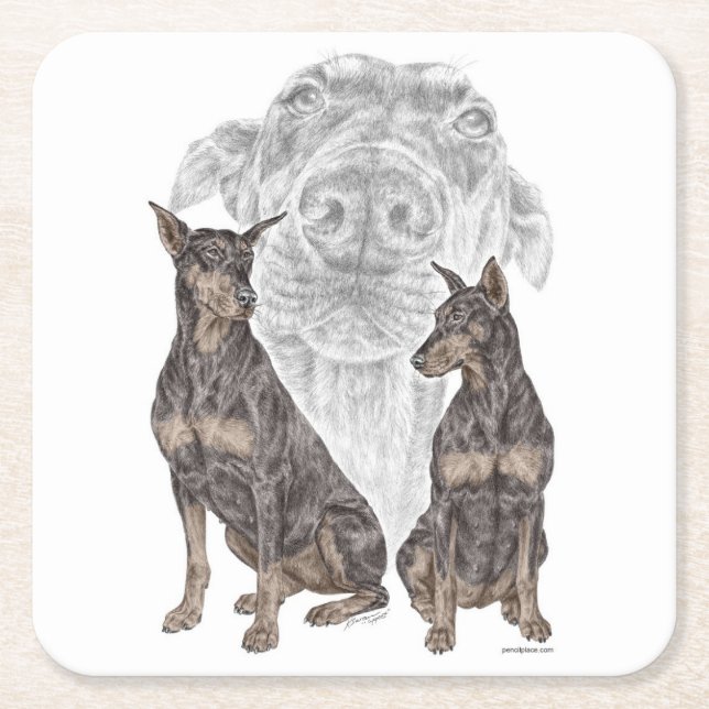 Black and Tan Doberman Dogs Square Paper Coaster (Front)
