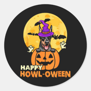 Black And Tan Doberman Witch Dog Happy Halloween Classic Round Sticker