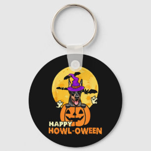 Black And Tan Doberman Witch Dog Happy Halloween Key Ring