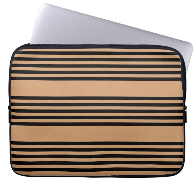 Black and tan five stripe pattern laptop sleeve (Front)