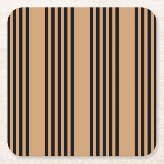 Black and tan five stripe pattern square paper coaster (Front)