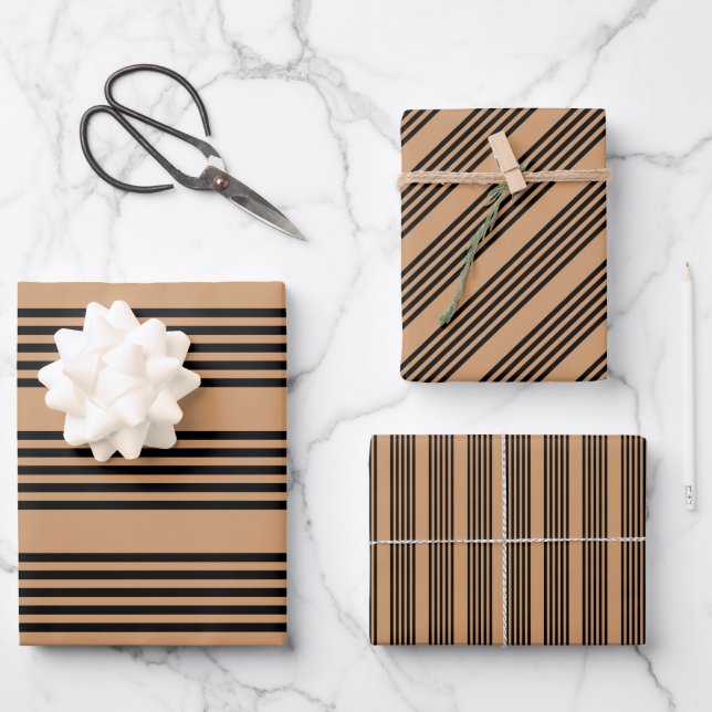 Black and tan five stripe pattern wrapping paper sheet (Front)