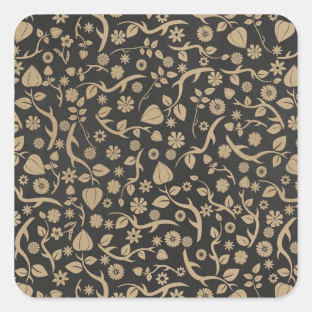 Black and Tan Flower Pattern Square Sticker (Front)