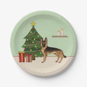 Black And Tan German Shepherd And A Christmas Tree Paper Plate