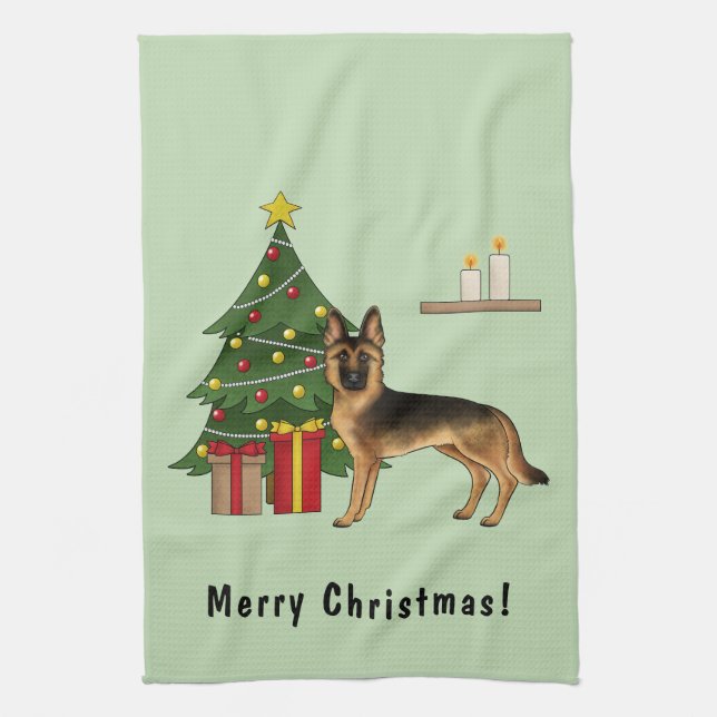 Black And Tan German Shepherd And A Christmas Tree Tea Towel (Vertical)